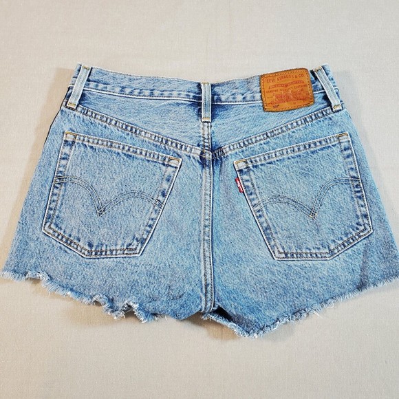 Levis 501 Sport Tape Hi-Rise Cutoff Button Fly Denim Blue Jean Shorts Womens W26 - Picture 3 of 13